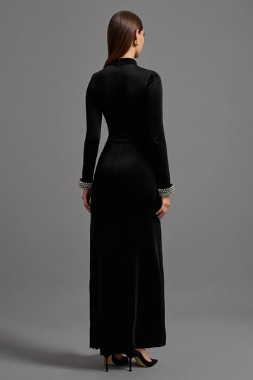 Black Sheath Beaded Formal Dress with Long Sleeves